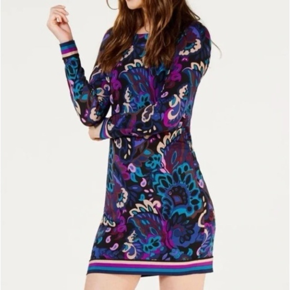 Trina Turk Camellia Paisley Long Sleeve‎ Shift Stretchy Dress Women's Size 14